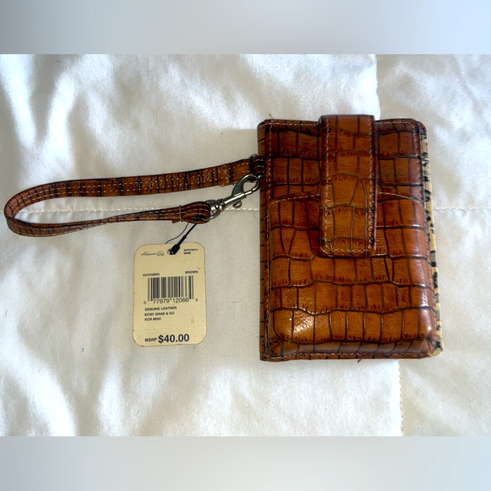 New W/ Tag Kenneth Cole New York Genuine Leather Smart Phone Wallet & Case Brown